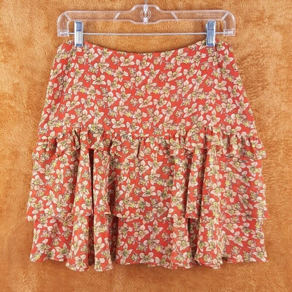 REBECCA MINKOFF Womens Skirt Small Red Floral Tiered Ruffle Flare Ditzy Flower